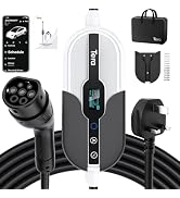 Tera electric vehicle charging station with LCD display, charging cable, wall mount, carry case, and cable holder. Features black and silver design with blue status light.