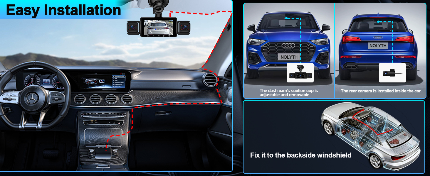 Text reads 'Easy Installation'. Split image showing car interior dashboard and exterior views, with diagram indicating installation points for automotive accessory.