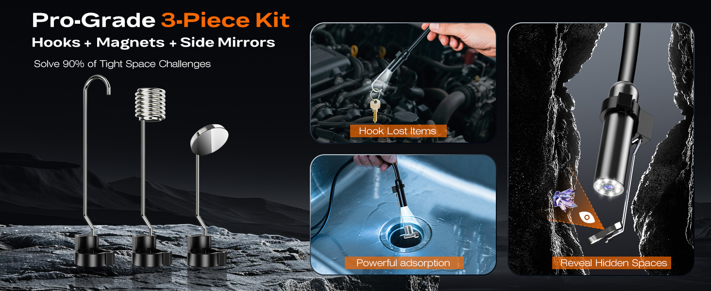 Text reads 'Pro-Grade'. Series of dark technical product photos showing metal components and mechanical parts against black background with blue lighting accents.