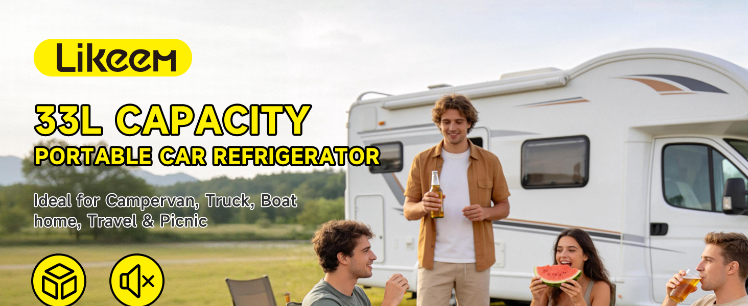 Text reads 'Likeem', '33L CAPACITY', 'PORTABLE CAR REFRIGERATOR'. White portable cooler displayed outdoors with family and camping scenery. Yellow and black circular icons indicate heating and cooling functions.