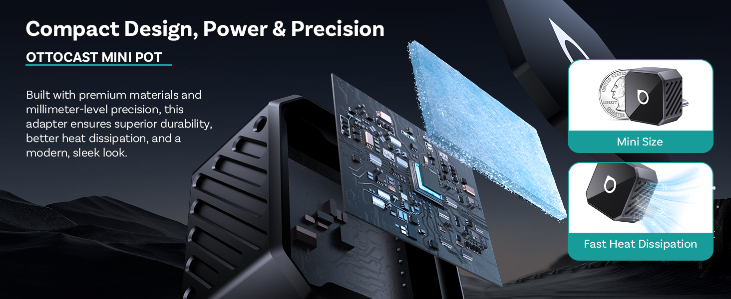 Text reads 'Compact Design, Power & Precision' and 'OTTOCAST MINI POT'. Product advertisement showing black device with blue lighting effects and technical illustrations.