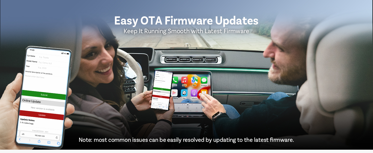 Text reads 'Easy OTA Firmware Updates'. Interior car scene showing smartphone mounted on dashboard displaying update interface.