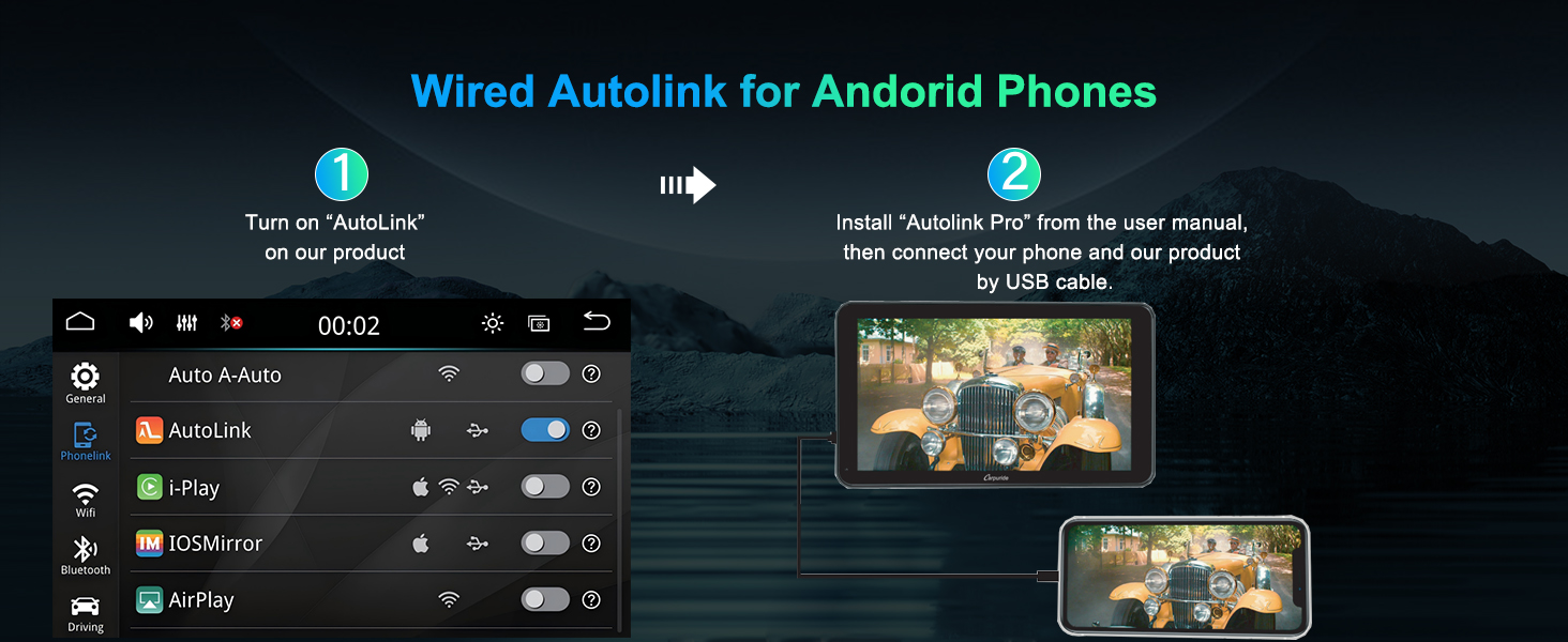 Text reads 'Wired Autoflix for Android Phones'. Screenshot series showing interface of a mobile streaming app with video thumbnails and playback controls.