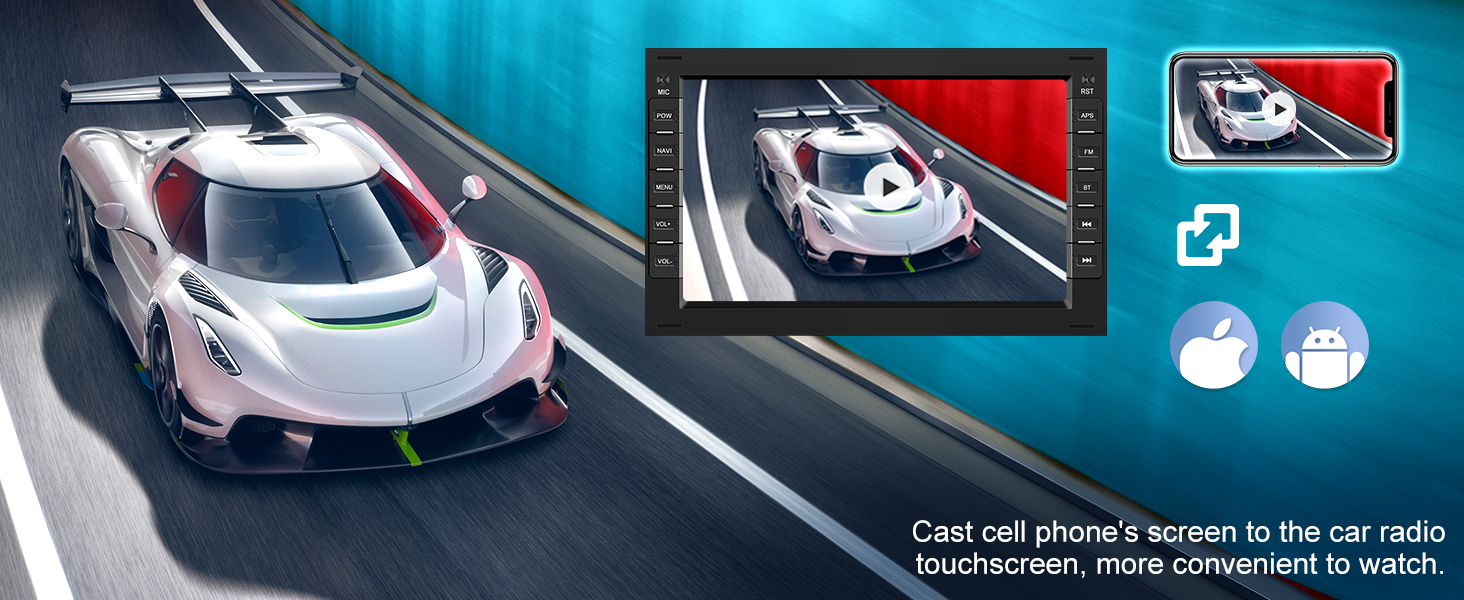 Text reads "Cool red racing", "5 seconds to the car radio", "touchscreen", "40% compared to watch". High-speed white racing car with dashboard display screen shown, featuring gaming-style interface.