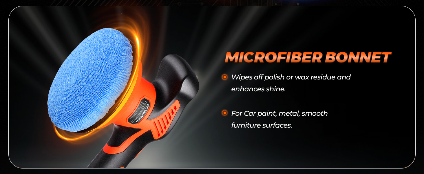 Microfiber polishing bonnet with blue circular pad attached to orange and black handle, designed for car paint and smooth surface polishing.
