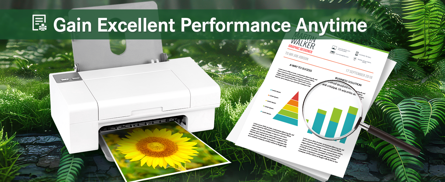 White printer with colorful sunflower print output. Nearby are printed documents with charts and graphs. Text reads 'Gain Excellent Performance Anytime'.