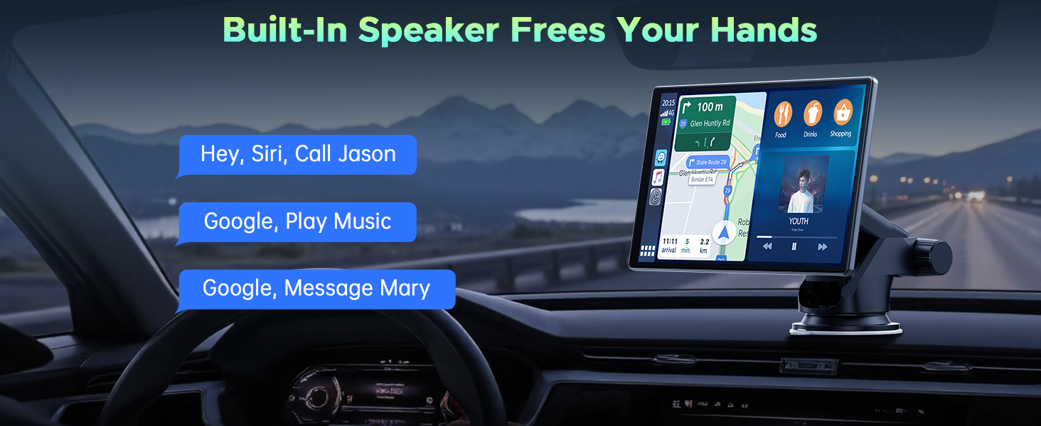 Text reads 'Built-In Speaker Frees Your Hands'. Dashboard-mounted device showing various interface screens in a vehicle setting.