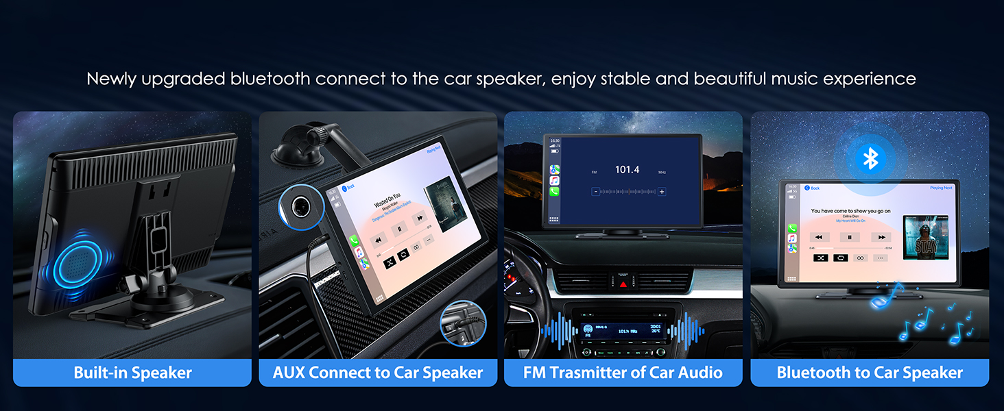 Car multimedia interface showing four panels demonstrating Bluetooth connectivity features, including built-in speaker and car audio integration capabilities.