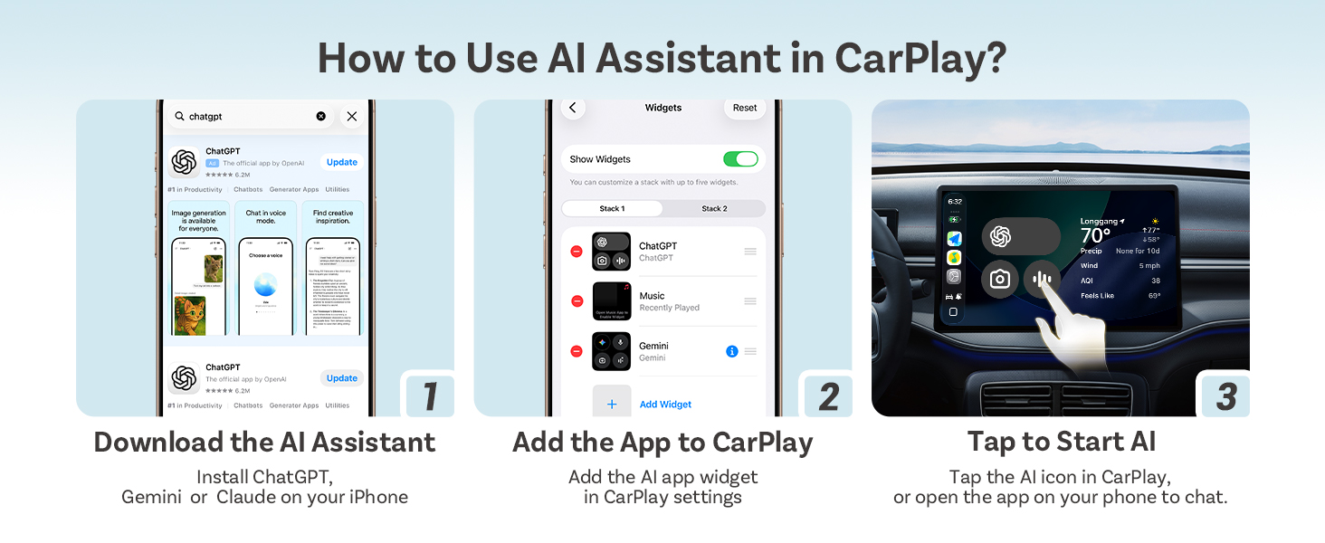 Text reads 'How to Use AI Assistant in CarPlay?' Three-step tutorial showing phone screenshots: '1. Download the AI Assistant', '2. Add the App to CarPlay', and '3. Tap to Start AI' with corresponding interface images.