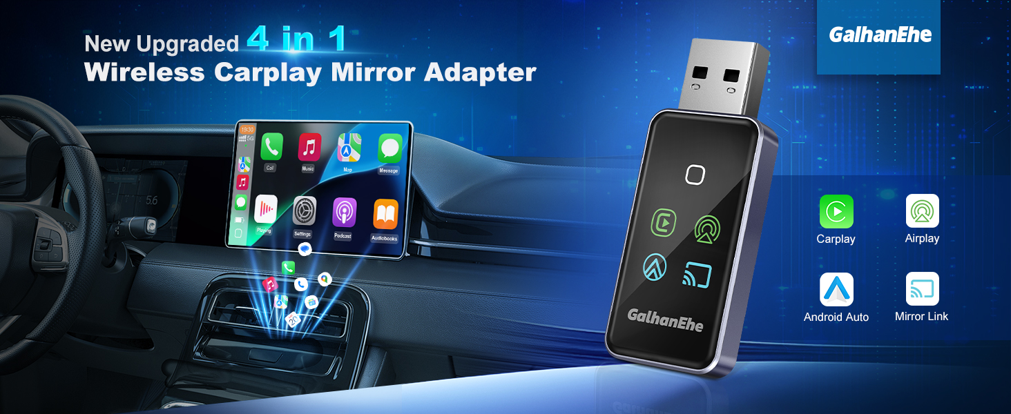 Text reads: 'New Upgraded 4 in 1 Wireless Carplay Mirror Adapter'. Black USB device shown with interface displaying smartphone app icons and car integration features.