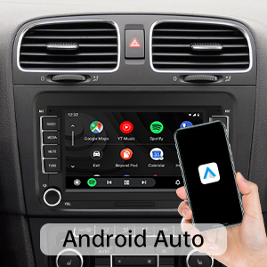 Text reads 'CarPlay'. Car dashboard display showing CarPlay interface with various app icons including Phone, Messages, Maps, and Music.