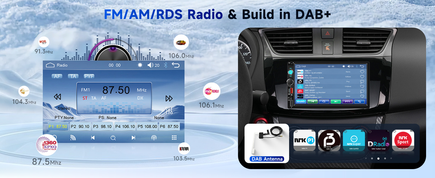 Car infotainment system display showing multiple app icons including navigation, music, and messaging. Compatible with CarPlay, Android Auto, Bluetooth, USB, WiFi, and Mirrorlink.