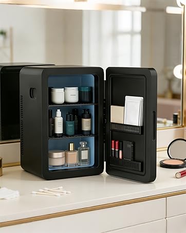 Small black mini-fridge or beauty fridge opened to display organized skincare products, bottles, and cosmetics on white bathroom counter.