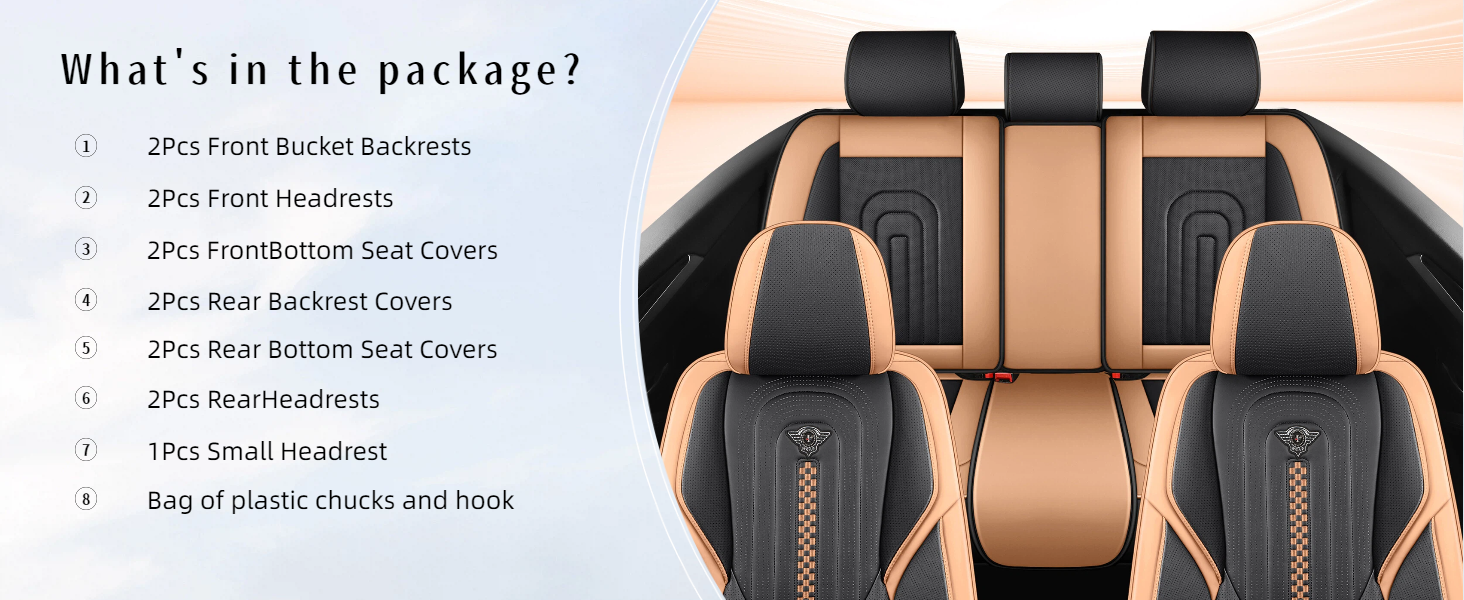 Text reads 'What's in the package?' with bullet list: '2PCS Front Bucket Seatcovers', '2PCS Headrest Covers', '2PCS Armrest Seat Covers', '2PCS Side Airbag Covers', '2PCS Rear Seat Covers', '2PCS Rear Pillow Knot', 'Bag of plastic covers also Ruck'. Tan and black car seat cover set displayed on vehicle seats.