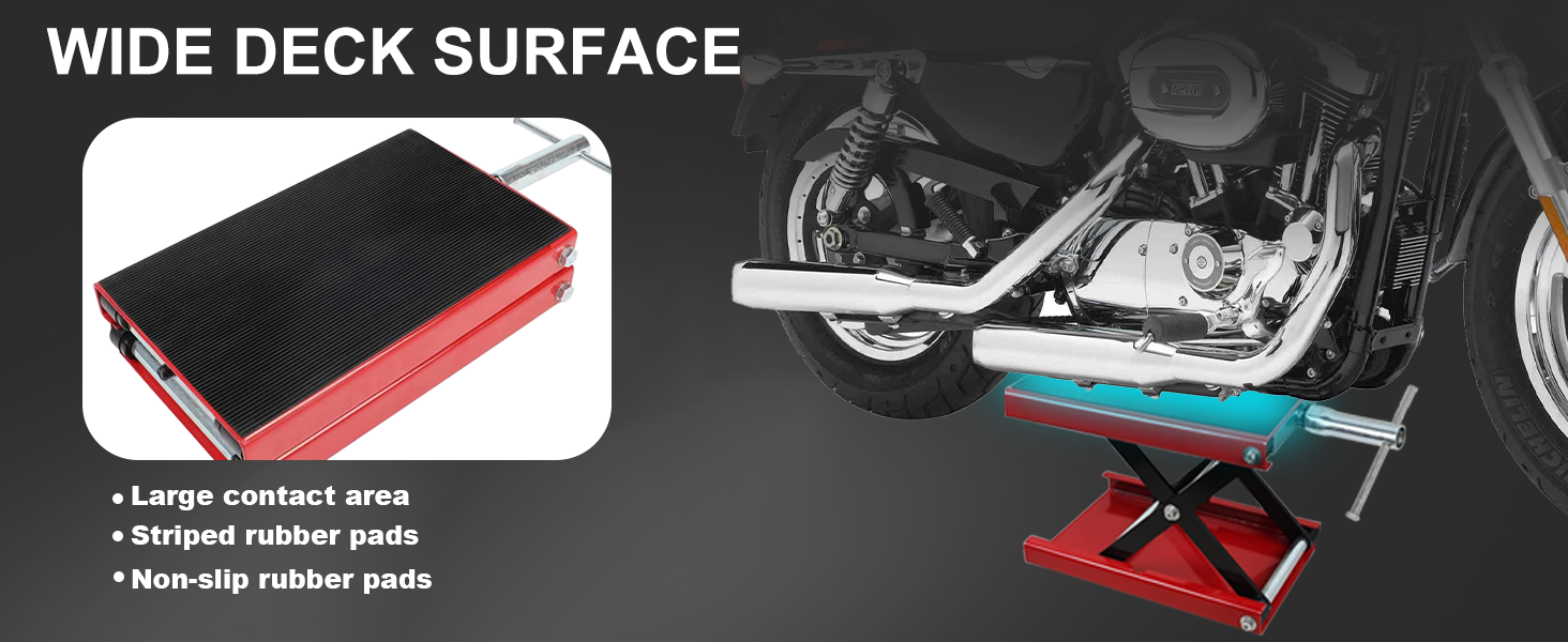 Text reads 'MADE FROM HIGH-QUALITY CARBON STEEL' and 'Maximum load capacity 500 kg.' Red and black motorcycle lift platform shown in various positions and uses.