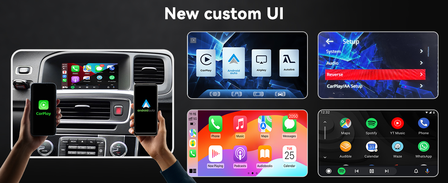 Text reads 'Call Siri anytime and wireless screen mirroring'. Car dashboard interface showing various screens and mobile connectivity features.