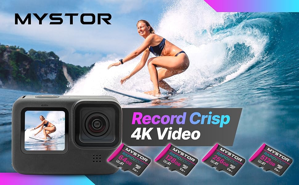 Mystor memory cards displayed with devices. Shows compatibility with smartphones, tablets, cameras, and drones. Features colorful images on devices and a security camera.
