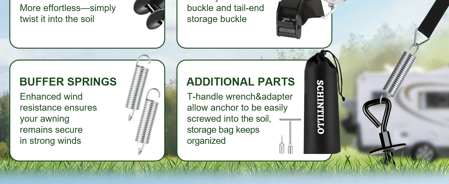 Text reads 'WHY CHOOSE US?', 'UPGRADED GROUND ANCHORS', 'PREMIUM STRAPS', '414cm extended length with adjustable metal buckle and tail-end storage buckle'. Product diagram showing anchor and strap specifications.