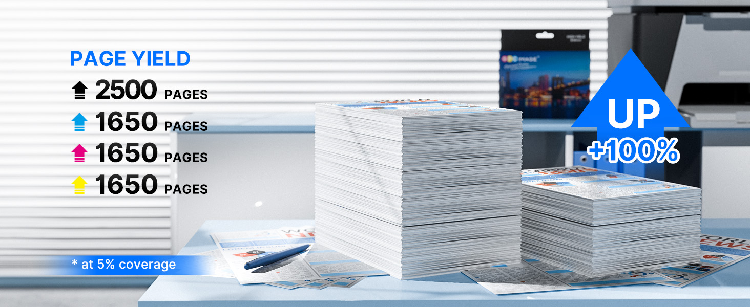 Text reads 'PAGE YIELD' with '2500 PAGES' and '1650 PAGES' visible. Shows stacked printer paper or documentation materials with blue graphics and measurement indicators.