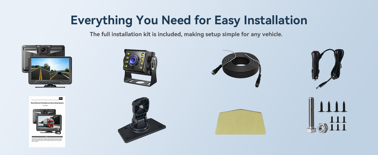 Text reads 'Everything You Need for Easy Installation'. Product installation guide showing various mounting hardware components and accessories laid out systematically.