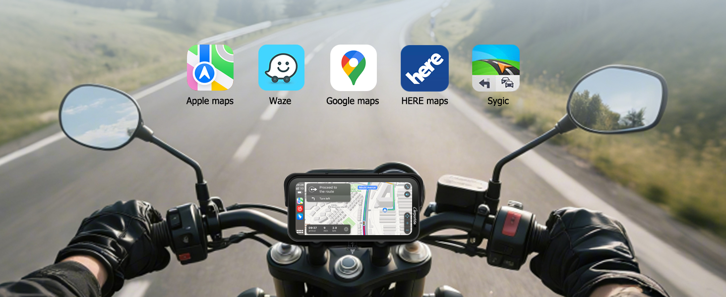 Series of navigation app interfaces mounted on motorcycle handlebars, showing various mapping and navigation features with multiple app icons.