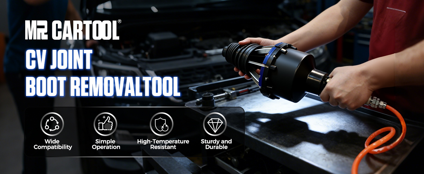 Text reads 'M2 CARTOOL' and 'CV JOINT'. Product demonstration image showing automotive tool or service being performed on what appears to be a vehicle part.