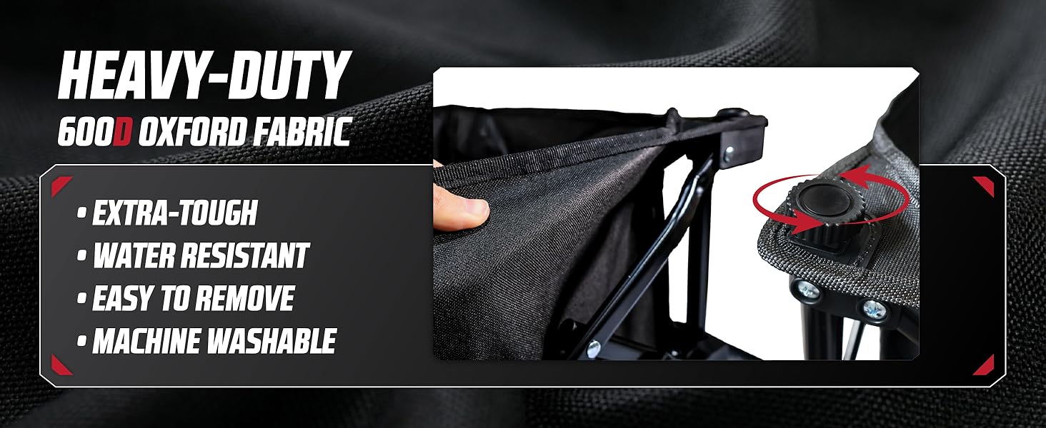 Text reads 'HEAVY-DUTY 600 OXFORD FABRIC' with bullet points listing 'EXTRA-TOUGH', 'WATER RESISTANT', 'EASY TO CLEAN', 'MACHINE WASHABLE'. Black protective furniture cover displayed with product features.