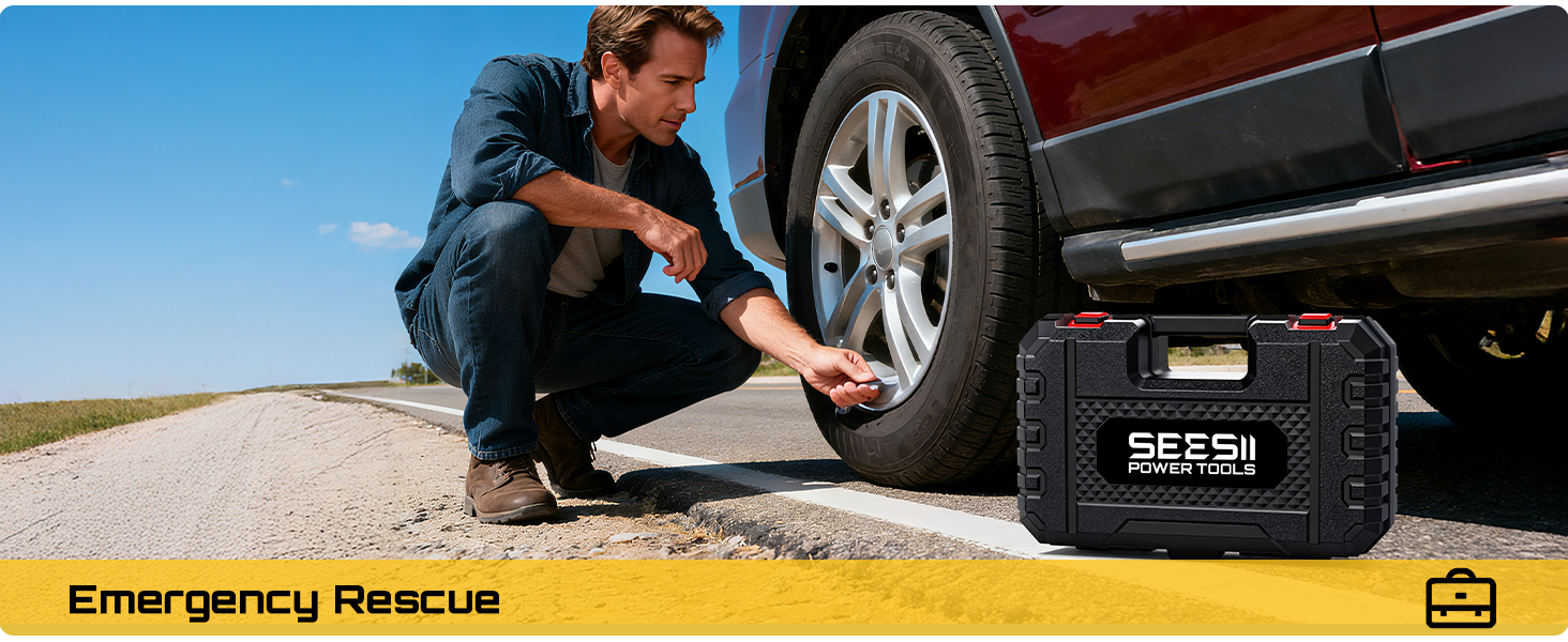 Text reads 'Emergency Rescue'. Shows person crouching next to car tire with portable emergency device on ground.