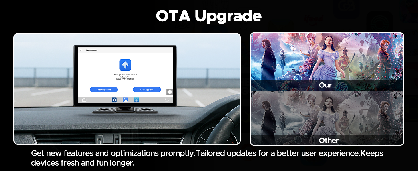 Text reads: 'OTA Upgrade' and 'Get new features and optimizations promptly. Protocol updates for a better user experience.Always keeping fresh with upgrades.' Software update interface shown on computer screen.