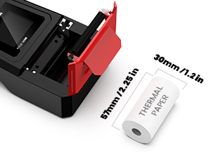 Product images showing paper tape dispenser in red and black color scheme, with technical measurements and multiple viewing angles.