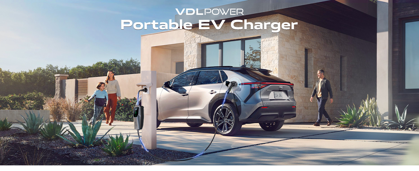 Text reads 'Portable EV Charger'. Wide outdoor shot showing parking lots and buildings, appears to be related to electric vehicle charging.