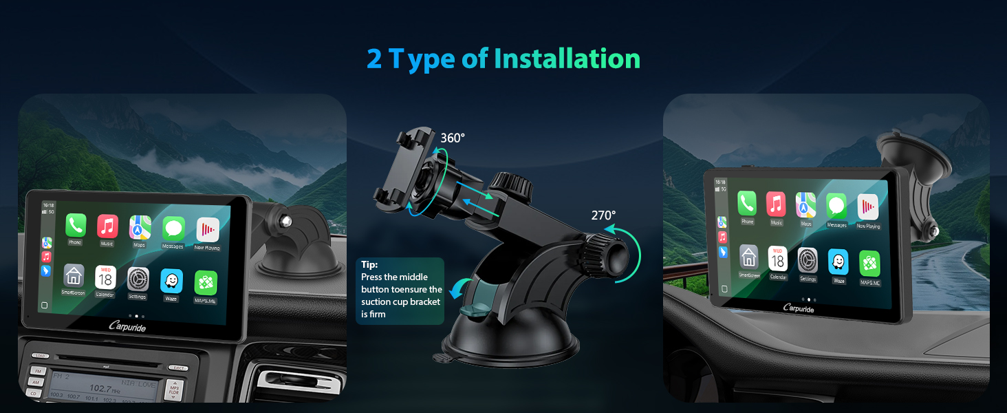 Car phone mount with three installation options: dashboard, windshield, and air vent. Displays adjustable arm and smartphone holder compatible with various device sizes.