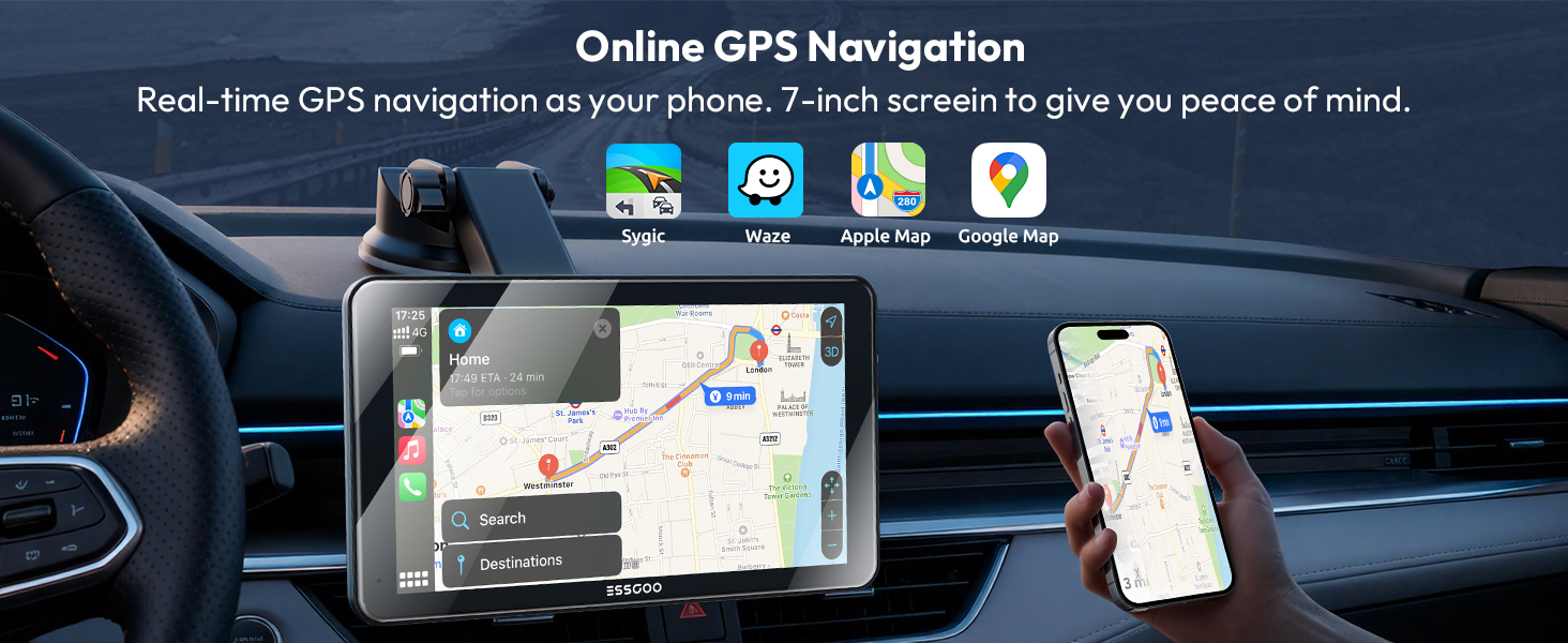 Text reads 'Online GPS Navigation'. Car phone mount and navigation system display showing map interface and smartphone integration in vehicle dashboard setting.