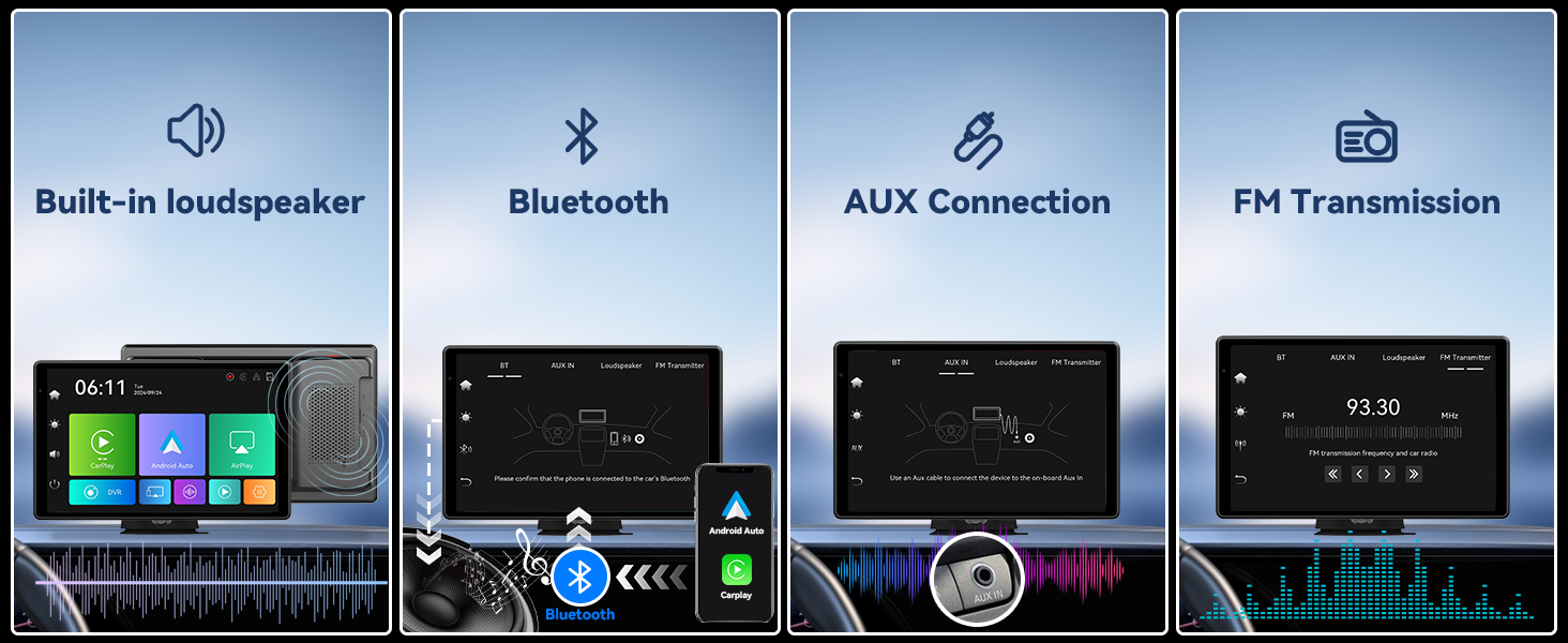 Identical tech interface icons as Image 6, showing Built-in loudspeaker, Bluetooth, AUX Connection, FM Transmission, and digital display panels.