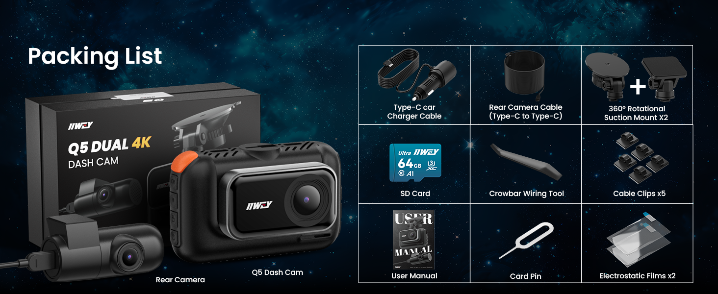 Product packing list display for a 4K camera system showing main unit and accessories including USB cable, mounting clips, and protective case.