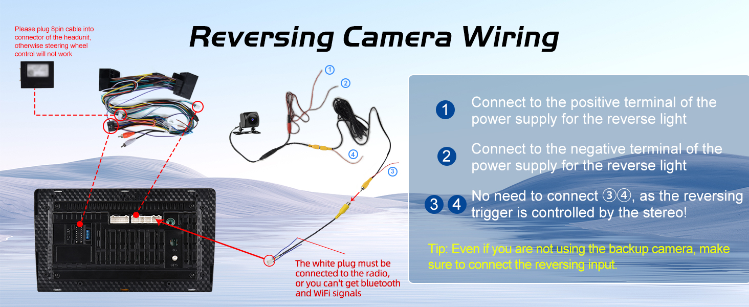 Text reads 'Reversing Camera Wiring'. Technical diagram showing wiring schematic for backup camera installation with red and black wire connections.