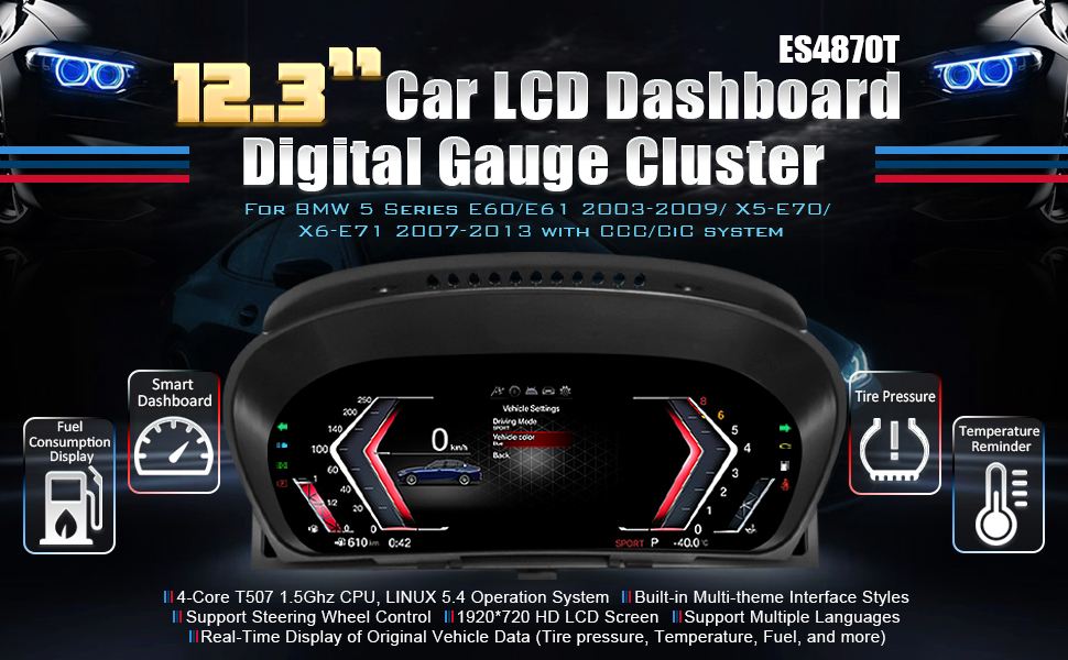 Text shows 'Car LCD Dashboard Digital Gauge Cluster'. Black digital dashboard display showing various vehicle metrics and gauges with blue illuminated interface elements.