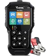 Text reads '6V-24V', 'BATTERY TESTER', 'BATTERY TEST', 'CRANKING TEST', 'WAVEFORM', '5-3000 CCA'. Multiple views of a red and black digital battery testing device with LCD screen and control buttons.