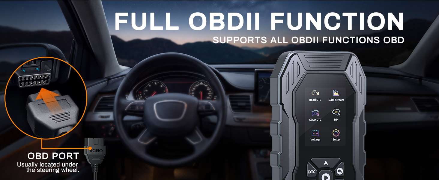 Text reads: 'FULL OBDII FUNCTION'. Vehicle diagnostic interface display showing dashboard and OBD port location with supporting interface graphics.