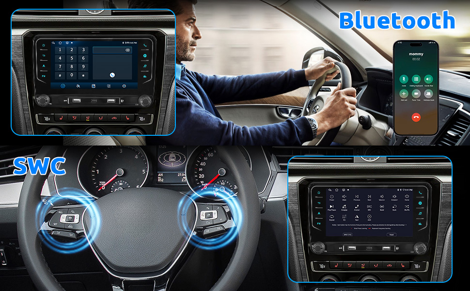 Text reads 'Carplay & Android Auto'. Multiple car entertainment system displays showing smartphone integration interfaces with app icons.