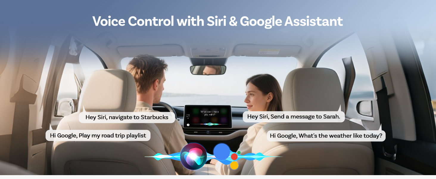 Text reads 'Voice Control with Siri & Google Assistant'. Interior car scene showing dashboard and occupants using voice control features.