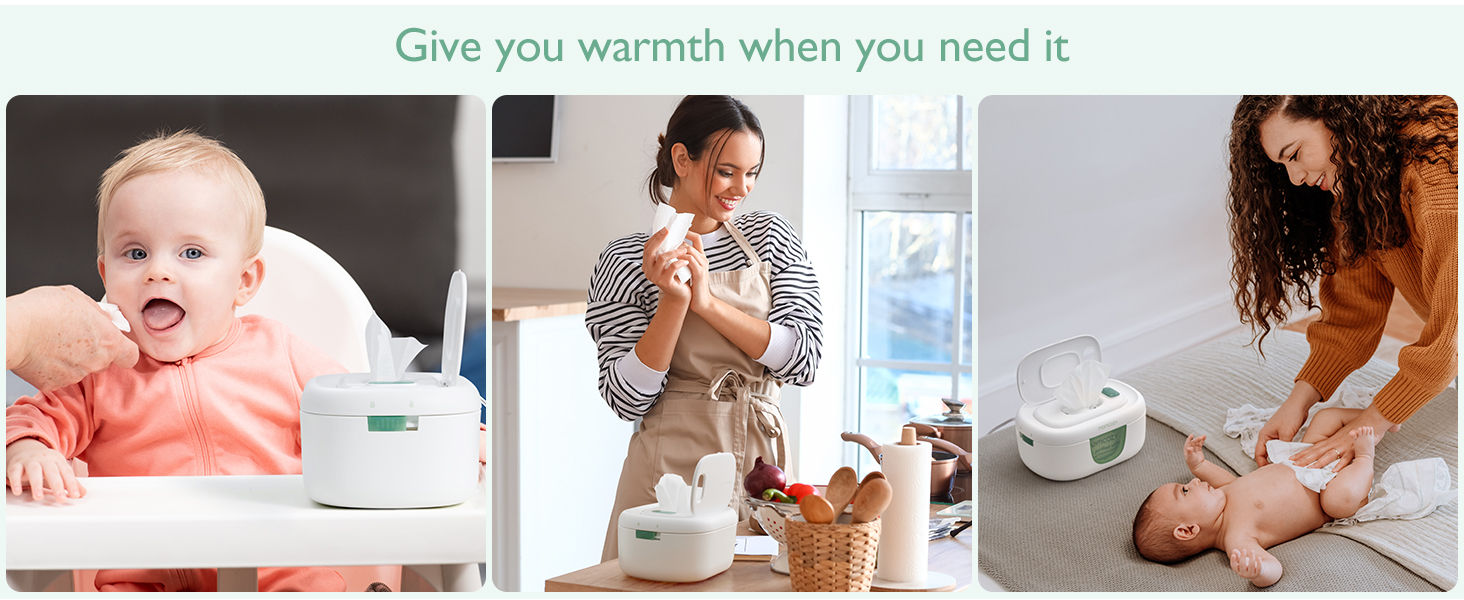 Text reads 'Give you warmth when you need it.' Three photos: baby in pink blanket, toddler wrapped in blanket, adult wrapping baby in blanket.