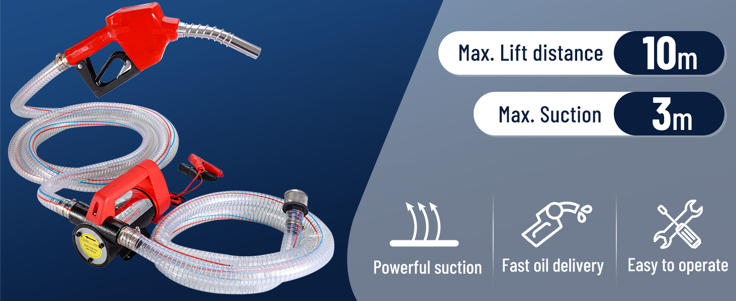 Fuel transfer system with red nozzle and clear hose. Maximum lift distance 10m, maximum suction 3m. Features powerful suction and easy operation.