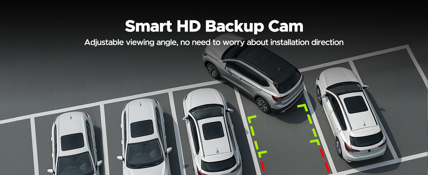 Text reads 'Smart HD Backup Cam'. Multiple views of parking assistance camera showing vehicle positioning in parking spaces with guide lines.