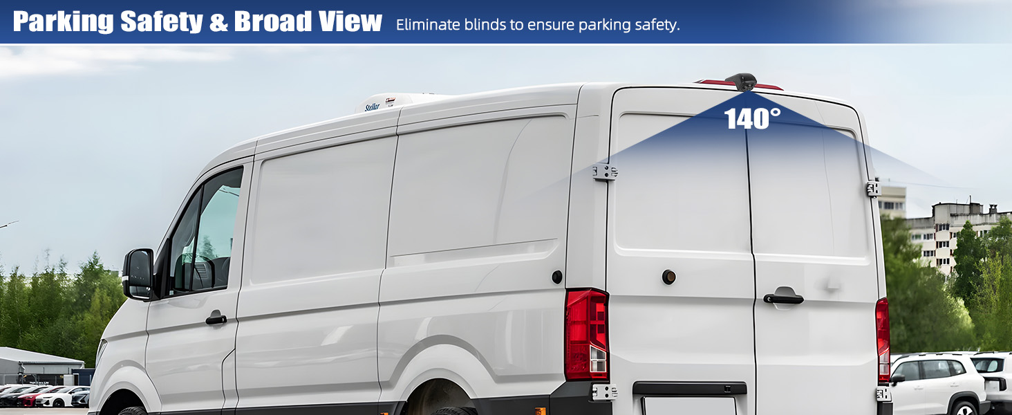 Text reads "Parking Safety & Broad View" and "148°". White commercial van showing wide-angle side mirror with enhanced field of view for parking safety and blind spot visibility.