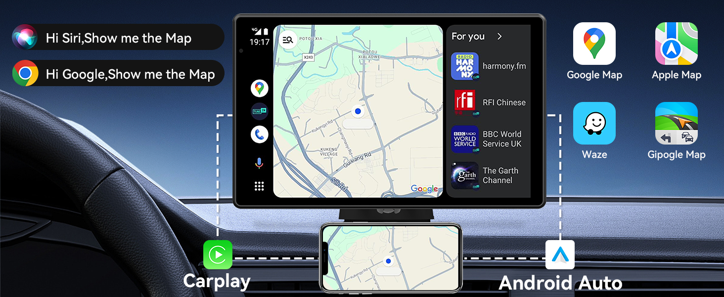 Text reads 'CarPlay' and 'Android Auto'. Car dashboard display showing split-screen interface with navigation map and connected smartphone integration options, featuring app icons.