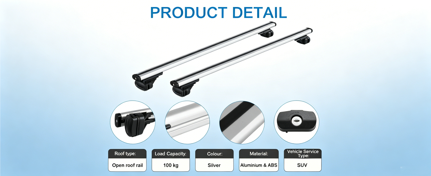 Text reads "STREAMLINED DESIGN" and "80 KM/H" with feature icons for tap, water, wind, and noise reduction. Car roof rack with aerodynamic design shown against ocean and sky background.