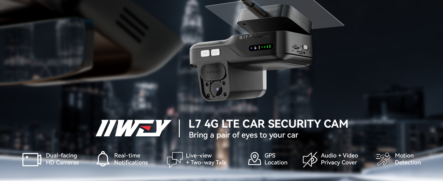 L7 4G LTE car security camera with real-time monitoring, GPS tracking, and live streaming capabilities. Device features a compact design with front-facing camera lens.