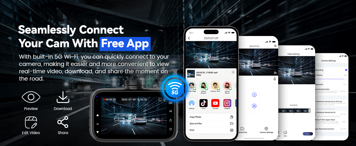 Mobile app interface screenshots showing camera connectivity features, with WiFi connection symbols and smartphone app navigation elements.