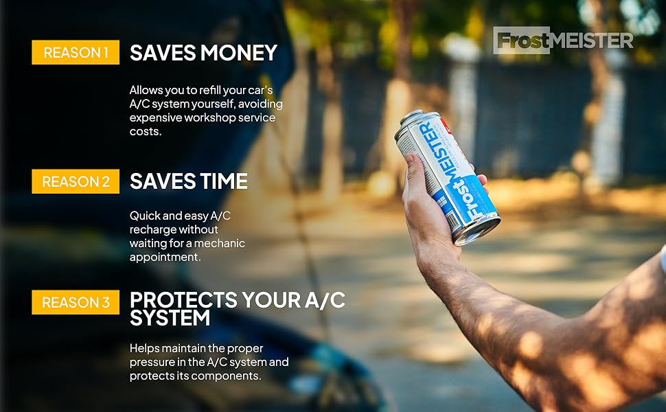 Text reads 'SAVES MONEY', 'SAVES TIME', 'PROTECTS YOUR A/C SYSTEM' with blue aerosol spray can held in sunlit outdoor setting. Three yellow-highlighted benefit sections with descriptive text below each heading.